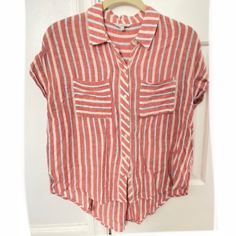 Lucky Brand Linen Blend Striped Button Up Shirt Tie-Back Size Small